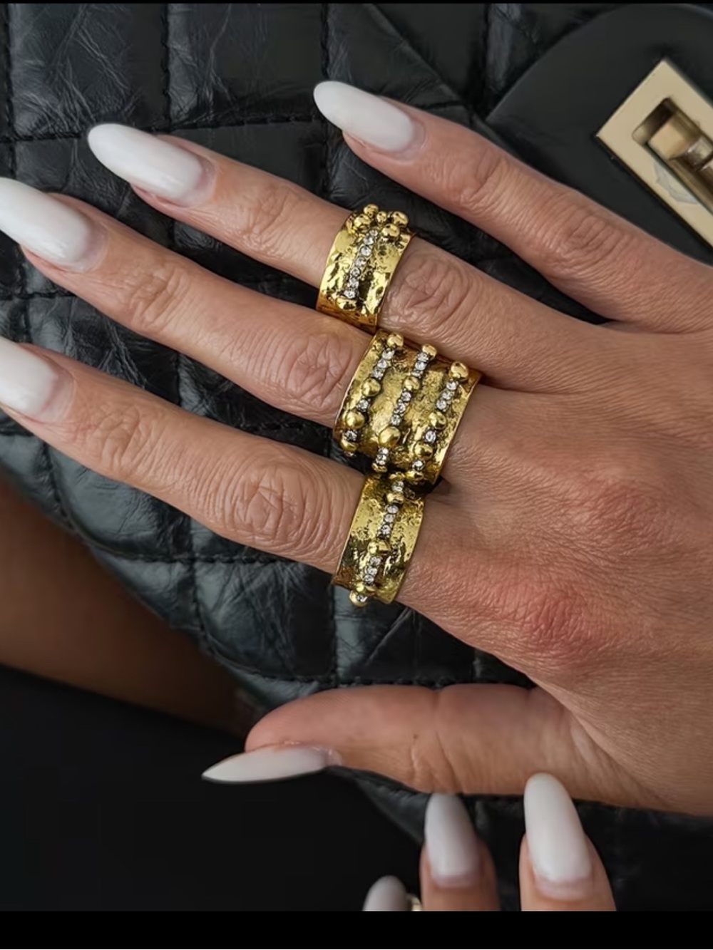 Affordable Fashion Finds Gold Textured Wide Band Ring Set with Crystal Accents